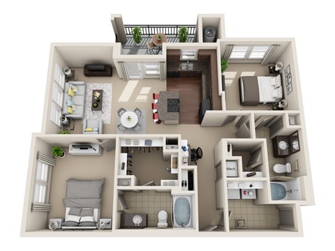 A 3D floor plan of a small apartment with a kitchen, living room, and bathroom.